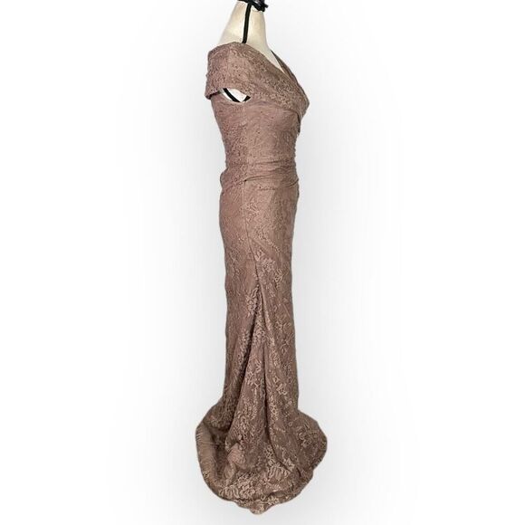 La Femme 27982 Gown Women's 2 Cocoa V-Neck Off Shoulder Knit Lace Long Dress - Picture 6 of 7